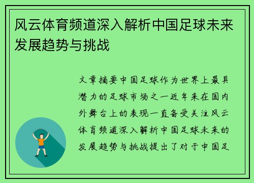 风云体育频道深入解析中国足球未来发展趋势与挑战